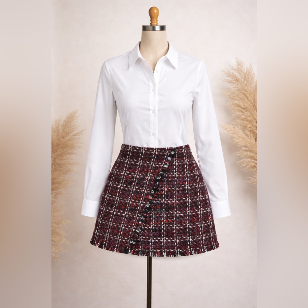 🛍️ 3 for $15 🛍️ Everything Must Go ✨ Burgundy Plaid Tweed A-Line Mini Skirt